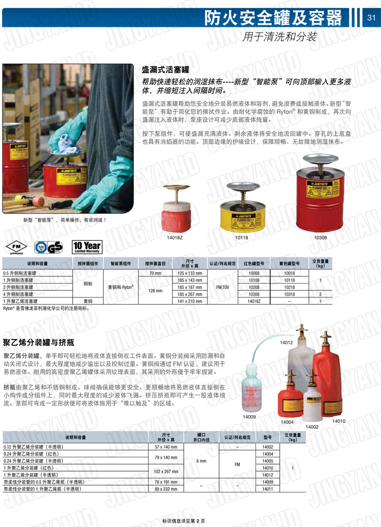 美國杰斯瑞特，JUSTRITE，活塞安全罐，盛漏式活塞罐，化學(xué)品分裝罐，